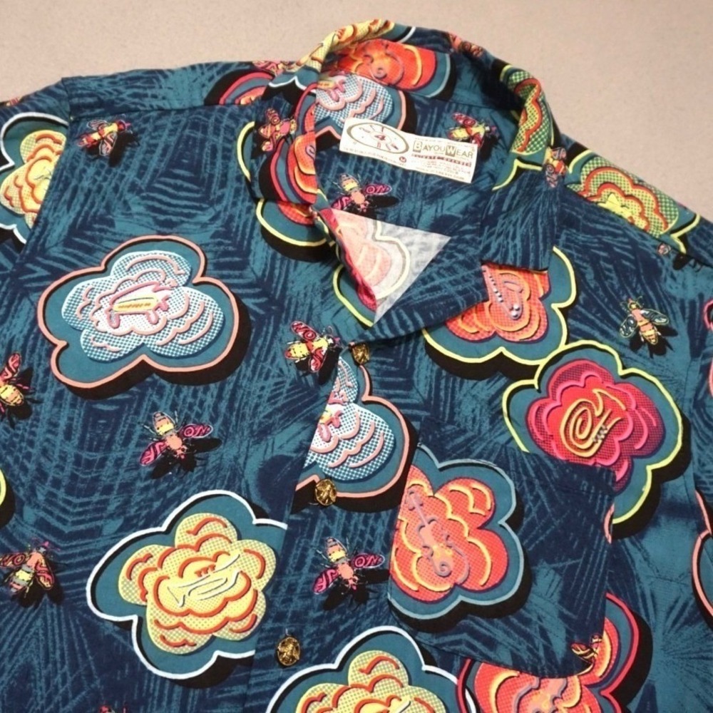 BAYOU WEAR Bee Bop Buzz Hawaiian Shirt Mens M Teal Jazz Festival New Orleans USA